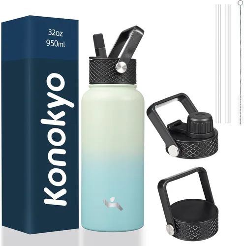 Miniatura 72 de Konokyo - Botella de agua aislada de 18 onzas, botellas deportivas de acero inoxidable con 3 tapas, verde militar