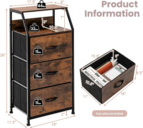 Miniatura 3 de LOKO Cómoda de 3 cajones, armario de almacenamiento industrial con cajones de tela y almohadillas ajustables, mesa auxiliar, mesita de noche