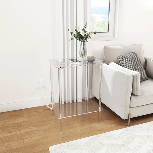 Miniatura 2 de Eglaf Mesa auxiliar de acrílico con estación de carga y puertos USB, mesita de noche pequeña para sala de estar, dormitorio, 15.7 pulgadas de largo