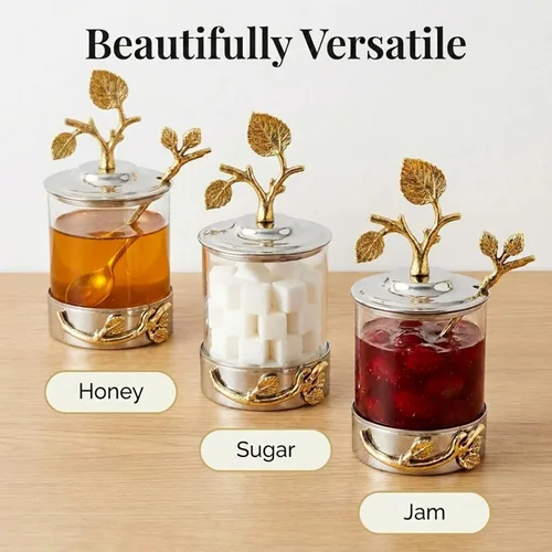 Miniatura 4 de Godinger Elegante tarro de mermelada de hojas y miel con cuchara, elegante plato de acero inoxidable y vidrio para condimentos, azúcar y untables