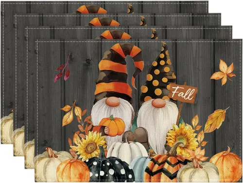 Artoid Mode Juego de 4 manteles individuales de otoño con diseño de calabazas de gnomos, 12 x 18 pulgadas, manteles individuales de temporada de