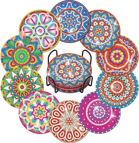 Billbotk Kit de posavasos de pintura de diamantes, 10 posavasos de arte de diamantes con mandala, con soporte, manualidades y manualidades de