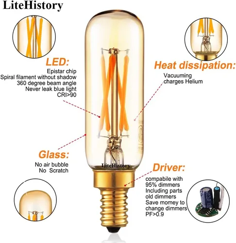 Miniatura 5 de LiteHistory Bombilla LED T6 regulable de 40 W, candelabro LED 2200 K, ámbar 250 lm, 4 W, e12 T25, paquete de 6 bombillas Utral Blanco Cálido 2200k 4w