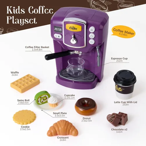 Miniatura 2 de Toylink Cafetera de juguete para niños con sonido y luces, juego de café morado para niños, accesorios de cocina con tazas y comida de juego