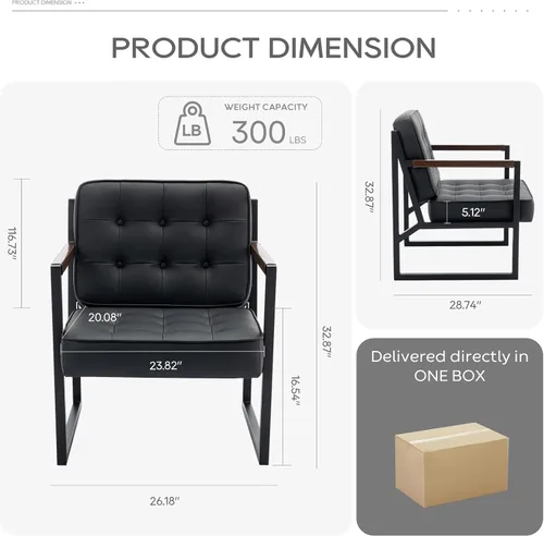 Miniatura 2 de COLAMY Juego de 2 sillas decorativas modernas de mediados de siglo, cómoda silla de sala de estar, silla decorativa de cuero negro, sillón
