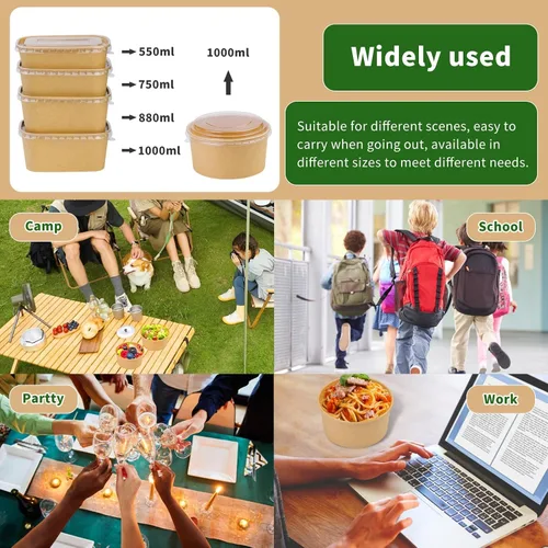Miniatura 6 de Paquete de 50 recipientes de alimentos desechables de 33 onzas, cuencos redondos de papel kraft desechables con tapas para ensalada dietética