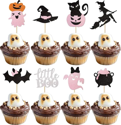 Paquete de 24 adornos para cupcakes de Halloween con purpurina rosa, fantasma, pequeño abucheo, murciélago, bruja, gato, calabaza, magdalena para
