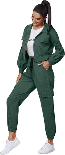 Miniatura 4 de SweatyRocks Conjunto de 2 piezas para mujer, de manga larga, con bolsillos frontales y botones
