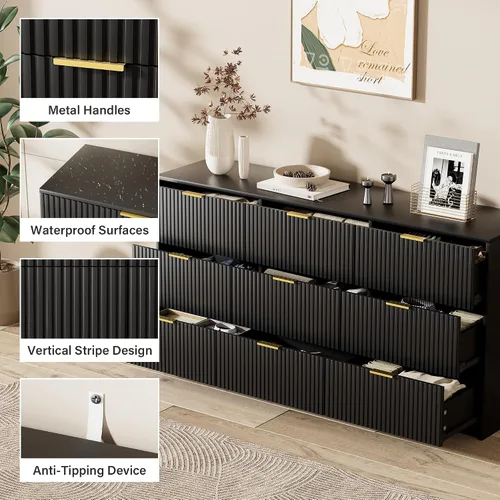 Miniatura 3 de Furniway - Cómoda color negro para habitación, moderna, 9 cajones y deslizadores suaves, cómoda ancha con jaladeras doradas para sala o armario