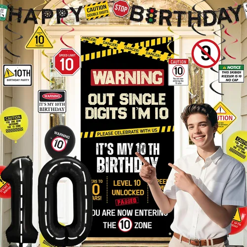 Miniatura 3 de Roetyce Decoraciones de cumpleaños número 10 para niños y niñas, pancarta negra de un dígito con la frase "I'm 10", globos colgantes en espirales