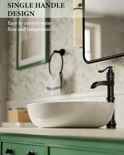 Miniatura 5 de Homevacious Fregadero de cascada de bronce aceitado alto negro de una sola manija lavabo de baño con montaje de drenaje desplegable Lavabo mezclador