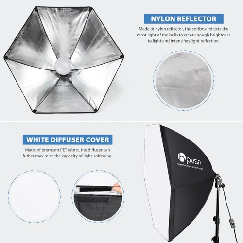Miniatura 2 de HPUSN Softbox Kit de iluminación para fotografía, kit de iluminación Softbox de 30 x 30 pulgadas, 2 bombillas LED E27 Socket 5400K, luz de estudio