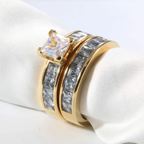 Miniatura 2 de Juego de anillos de boda de dos anillos, para parejas, de 10 quilates de oro amarillo, relleno de circonia cúbica blanca, para compromiso y boda