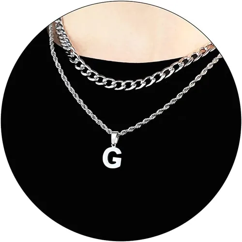 Miniatura 31 de SENRAN Collar con inicial en capas de la A a la Z para hombre, cadena de cuerda torcida de acero inoxidable de 18 a 20 pulgadas, dije de letra