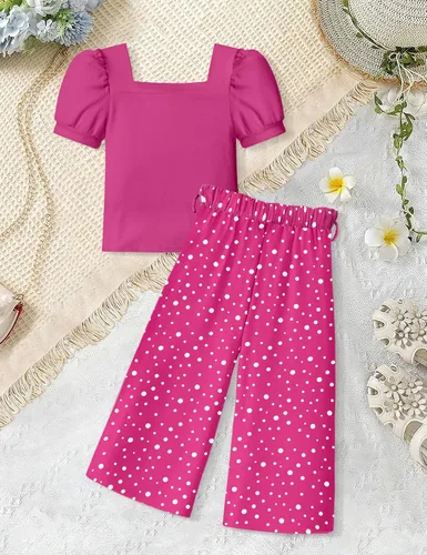 Miniatura 27 de DONWEN Conjunto de 3 piezas de ropa para niñas pequeñas y niñas con cuello cuadrado + pantalones elegantes + diadema para primavera y verano
