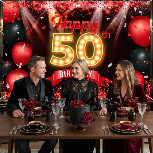 Miniatura 7 de Cartel de feliz cumpleaños 50 años, fondo rojo y negro, decoraciones de cumpleaños para mujeres y hombres de 50 años, artículos de fotografía