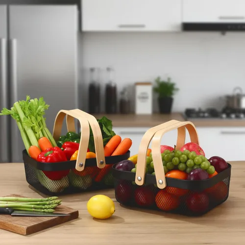 Miniatura 4 de Sadnyy 2 cestas de almacenamiento de alambre de metal negro con asa de malla para cosecha de verduras, frutas y juguetes, para organización