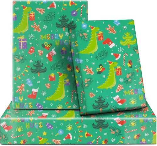 NEPOG Papel de regalo de Navidad con sombreros de Papá Noel, 6 hojas plegadas planas de 20 x 28 pulgadas por hoja, papel de regalo de dinosaurio de