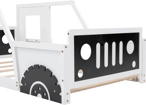 Miniatura 5 de Polibi Cama de plataforma, tamaño individual, cama clásica de madera en forma de automóvil con ruedas, cabecero, estribo, puertas, ventanas