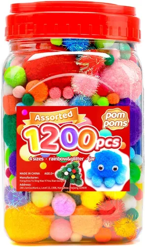 Miniatura 15 de Iooleem Pompones rosados – Tamaño surtido, 1200 piezas con ojos móviles, opciones de purpurina, perfectos para artes y manualidades