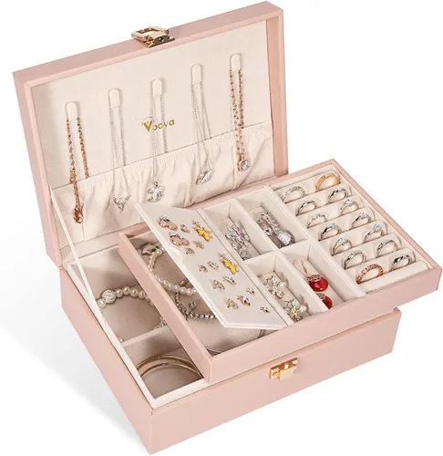 Voova - Joyero organizador para mujeres y niñas, 2 capas de almacenamiento de joyas grandes para hombres, soporte para joyas de piel sintética con
