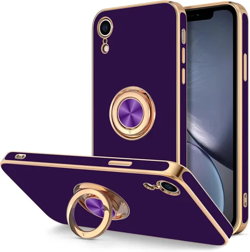 Miniatura 10 de Hython Funda para iPhone XR con soporte de anillo [soporte de anillo giratorio de 360° con soporte magnético] chapado en oro rosa brillante borde
