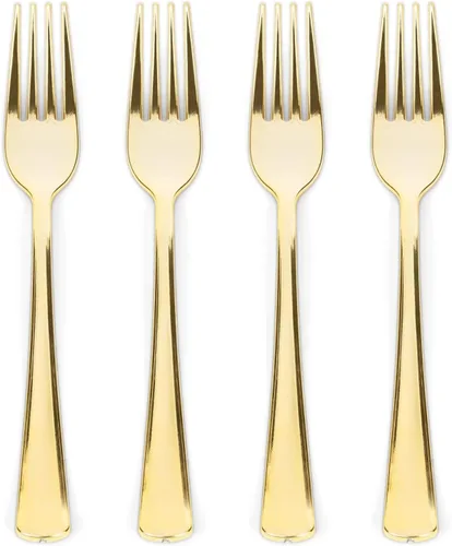 Miniatura 13 de Prestee 100 tenedores de plástico – Utensilios de cubiertos de plástico dorado resistentes de 7 pulgadas – Tenedores dorados elegantes y desechables