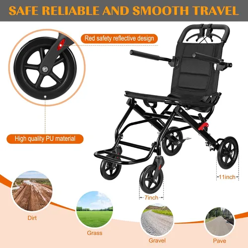 Miniatura 7 de Silla de ruedas ligera, silla de ruedas plegable portátil con frenos de mano de bloqueo, sillas de ruedas plegables para adultos y personas mayores
