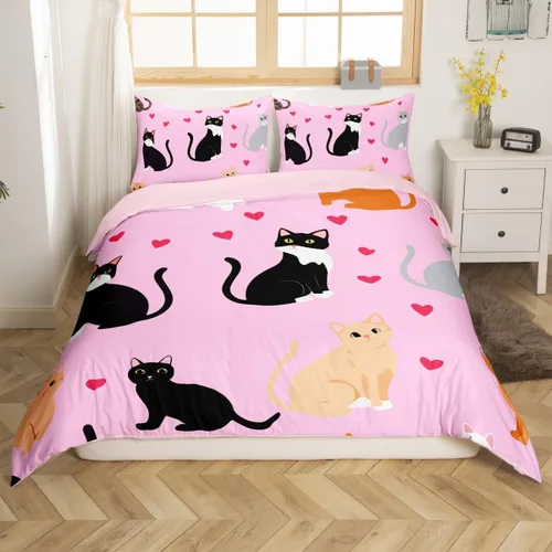 Miniatura 31 de Erosebridal Juego de funda de edredón con diseño de gato y fresa, tamaño individual, diseño de caricaturas, arcoíris, con temática de animales