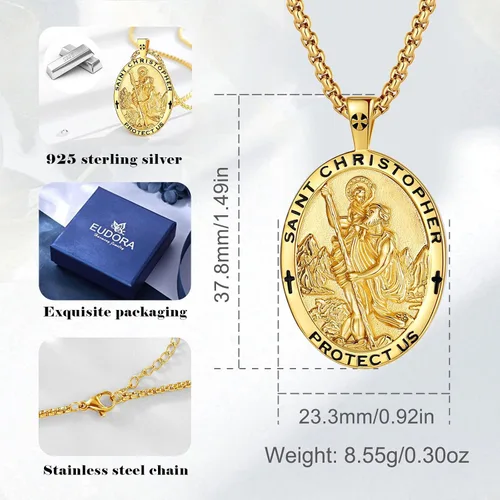 Miniatura 16 de EUDORA Collar de plata de ley 925, San Cristóbal y San Benito, San Miguel, Virgen María, San Judas Tadeo, Cruz de Buen Pastor y Arcángel, Medalla