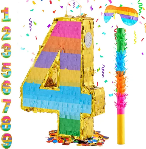 Miniatura 13 de Piñata Arcoíris Número 2 para Decoraciones de Fiesta de 2do Cumpleaños, Piñata de Cumpleaños con Palo, Venda para los Ojos y Confeti, Celebración