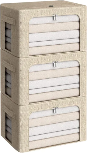 Miniatura 14 de CYhom Paquete de 3 contenedores plegables de almacenamiento - Caja de almacenamiento con marco de tela de lino apilable para ropa con ventana