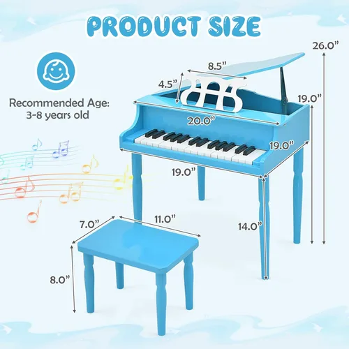 Miniatura 7 de Goplus Piano de juguete clásico para niños de 30 teclas, mini piano de madera estilo grand con banco, tapa para piano, estante para música, juguete