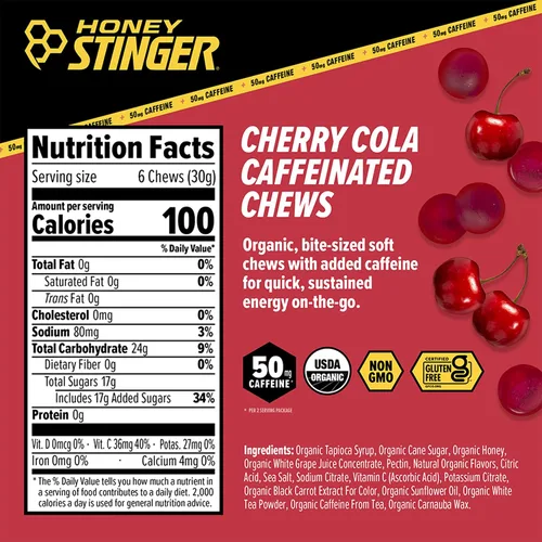 Miniatura 2 de Honey Stinger Gomitas Energéticas Cafeinadas Sabor Cereza Cola, Sin Gluten, con Cafeína, para Ejercicio, Carrera y Rendimiento, Nutrición Deportiva