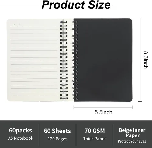 Miniatura 2 de miikoul - 60 paquetes de cuadernos en espiral A5, cuadernos con rayas negras a granel, 21 cm × 14 cm, 60 hojas/120 páginas, cuadernos de viaje