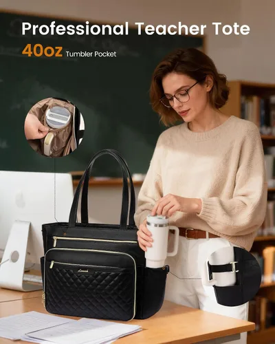 Miniatura 3 de LOVEVOOK: bolsa de mano para profesores con bolsillo de acordeón, maletín de trabajo de cuero PU suave acolchado, bolsa para laptop con portavasos