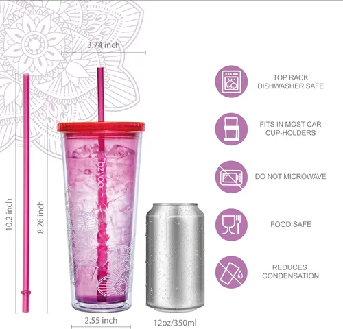 Miniatura 6 de bzyoo SIP 24 onzas líquidas (710ml) Vaso de plástico de doble pared con tapa y pajita para bebidas frías, taza de viaje reutilizable, taza de fiesta