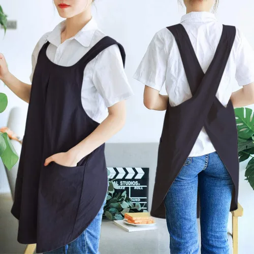 Miniatura 3 de NEWGEM - Delantales de cocina de lino japonés para mujeres y hombres, con tirantes cruzados y bolsillos, para repostería y cocina 04 - Mujer Negro