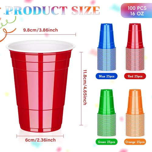 Miniatura 2 de KesaPlan Paquete de 100 vasos de plástico neón de 16 onzas en verde, rojo, naranja y azul, desechables coloridos para fiestas, bebidas frías a Verde