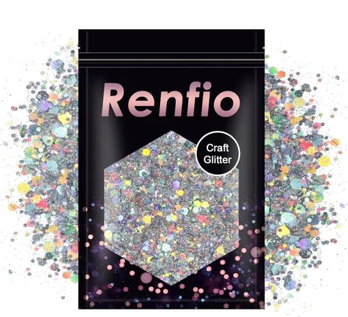 Miniatura 8 de Renfio Purpurina gruesa blanca perla, 3.5 onzas (3.53 oz) de escamas metálicas de PET mixtas de polvo fino, purpurina facial para manualidades