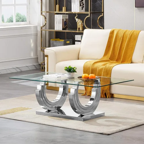 Miniatura 29 de SSLine Mesa auxiliar de cristal de lujo para sala de estar, mesa auxiliar moderna dorada con base de pedestal de acero inoxidable en forma de flor