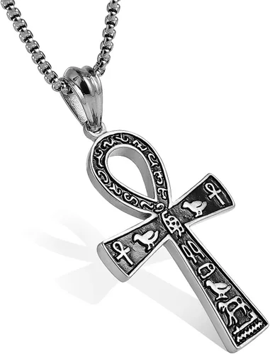 Miniatura 3 de HZMAN Colgante de cruz de Ankh grande de acero inoxidable símbolo jeroglífico egipcio antiguo de 222 pulgadas cadena Metal