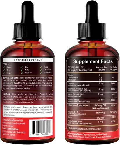 Miniatura 8 de Vitamina B12 vegana con complejo B de 20000 mcg, extra fuerte para hombres y mujeres, gotas líquidas de frambuesa, fabricadas en Estados Unidos, B1