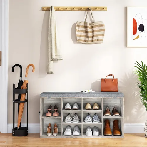 Miniatura 2 de GAOMON Banco de almacenamiento de zapatos de entrada con 10 cubículos, zapatero con cojín, estante ajustable de 3 niveles para entrada, sala