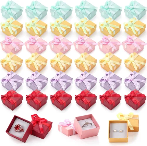 Miniatura 8 de Bucherry 72 cajas de anillos de 1.6 x 1.6 pulgadas, caja de joyería de cartón duro con lazo de cinta, pequeñas cajas de regalo para pequeñas Negro