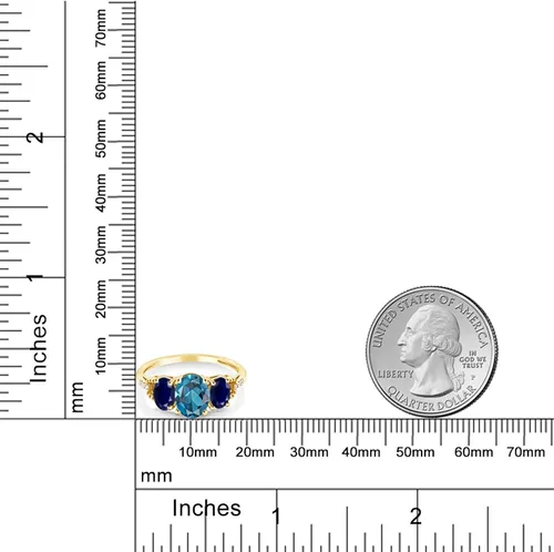 Miniatura 3 de Gem Stone King Anillo de compromiso ovalado de oro amarillo de 10 quilates con topacio azul Londres y zafiro azul para mujer