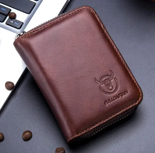 Miniatura 5 de BULLCAPTAIN Cartera de cuero genuino para hombre, tarjetero con cremallera para tarjetas de crédito, Marrón