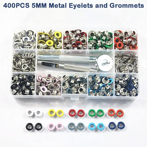 Miniatura 3 de 400 unidades, 10 colores, ojales de metal de 0.197 in y ojales con caja de almacenamiento de herramientas de instalación para ropa, zapatos, bolsa