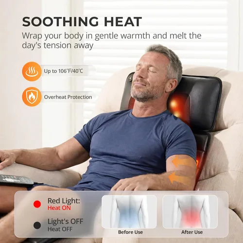Miniatura 2 de Shiatsu - Alfombrilla de masaje de cuerpo completo con calor, almohadilla masajeadora desmontable, 10 motores vibradores, alivio del dolor de tejido