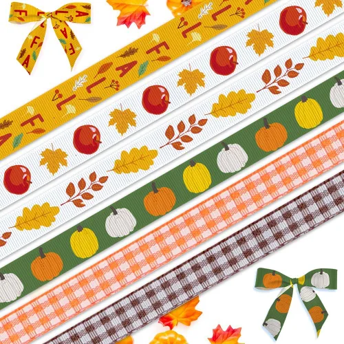 6 cintas de otoño de Acción de Gracias de 3/8 pulgadas, hojas de calabaza, decoración de grogrén a cuadros de búfalo, 5 yardas, decoración de fiesta